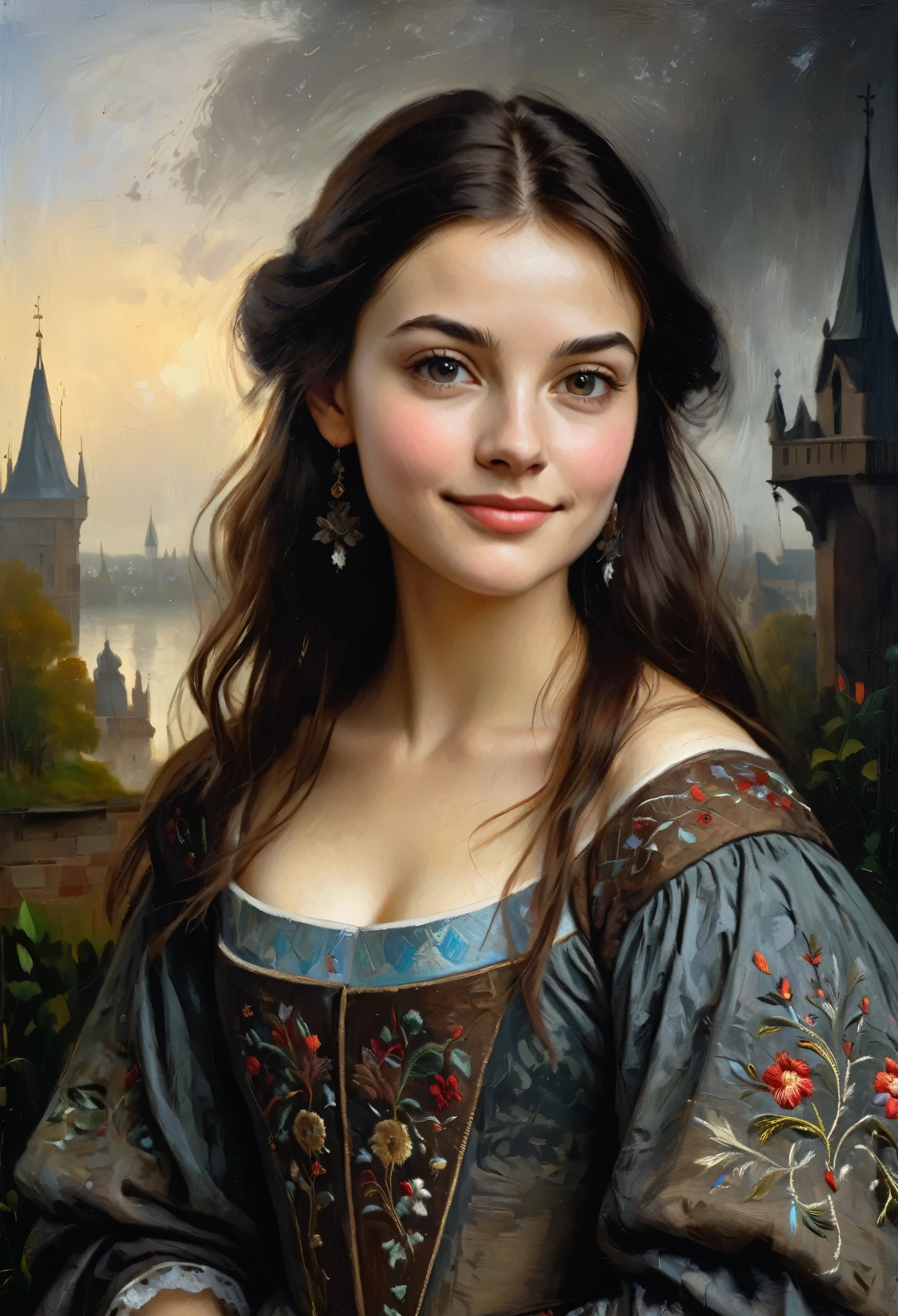 very charming young brunette, a slight mysterious smile from the shoulder, a dress with embroidered patterns, 15 century,(Luuk Vermeyden style)), The dark Renaissance, (fog, very scuffing), ((palette/oil painting palette knife)), ((masterpiece)), single shot, impression:1.2, extreme detail, perspective:1.33, 8k