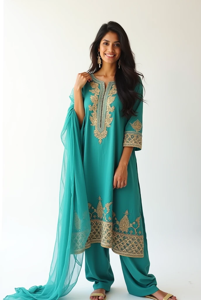 i need a half body picture of a Pakistani woman age around 25 to 30 years with white background in pakistani dress normal