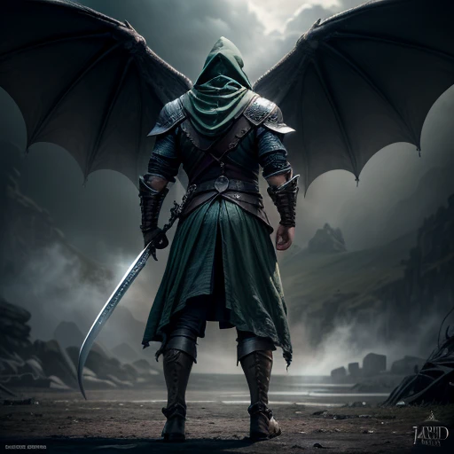 Tall and bulky masculine warrior man facing with huge dragon, ((holding long frozen sword)), ((wearing dark green cloth hood and black armor)), ((game of thrones universe)), ((40 years old)), (no hair), Cinematic darkness, Bloom, Depth Of Field, ((Ultra Wide-Angle )), (full body portrait)), ((shot from behind)), High Resolution, Masterpiece, Anatomically Correct, Accurate, Award Winning, Best Quality, High Details, Super Detailed, Textured Skin, 35mm
