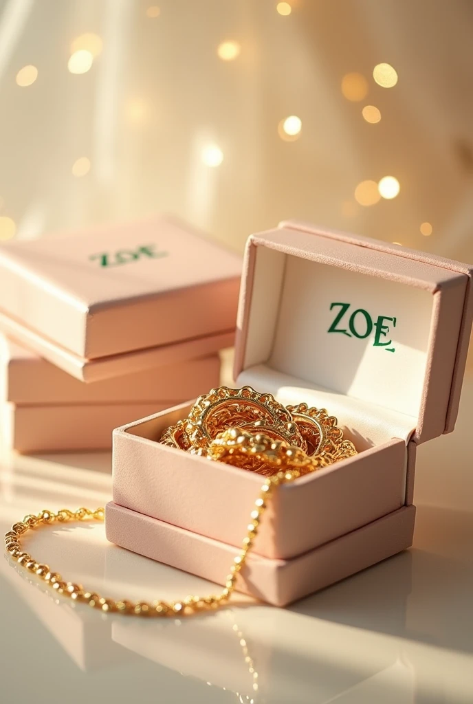 Create plain pastel golden color jewelry boxes, closed and open, with a chain inside, with the name ZOE in metallic green font.