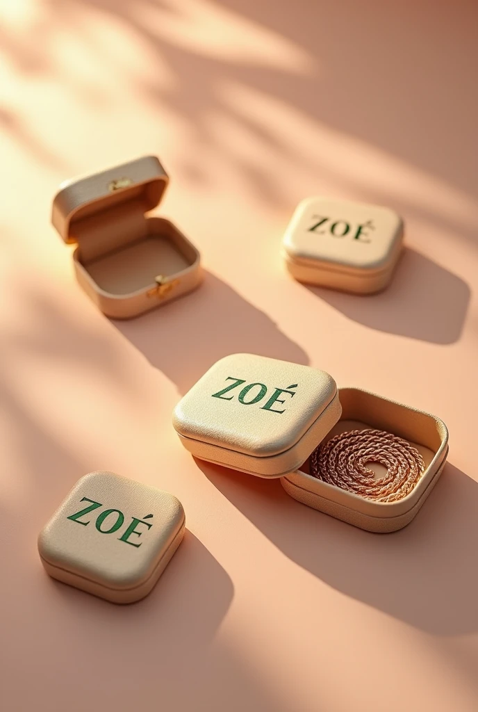 Create plain pastel golden color jewelry boxes, closed and open, with a chain inside, with the name ZOE in metallic green font.