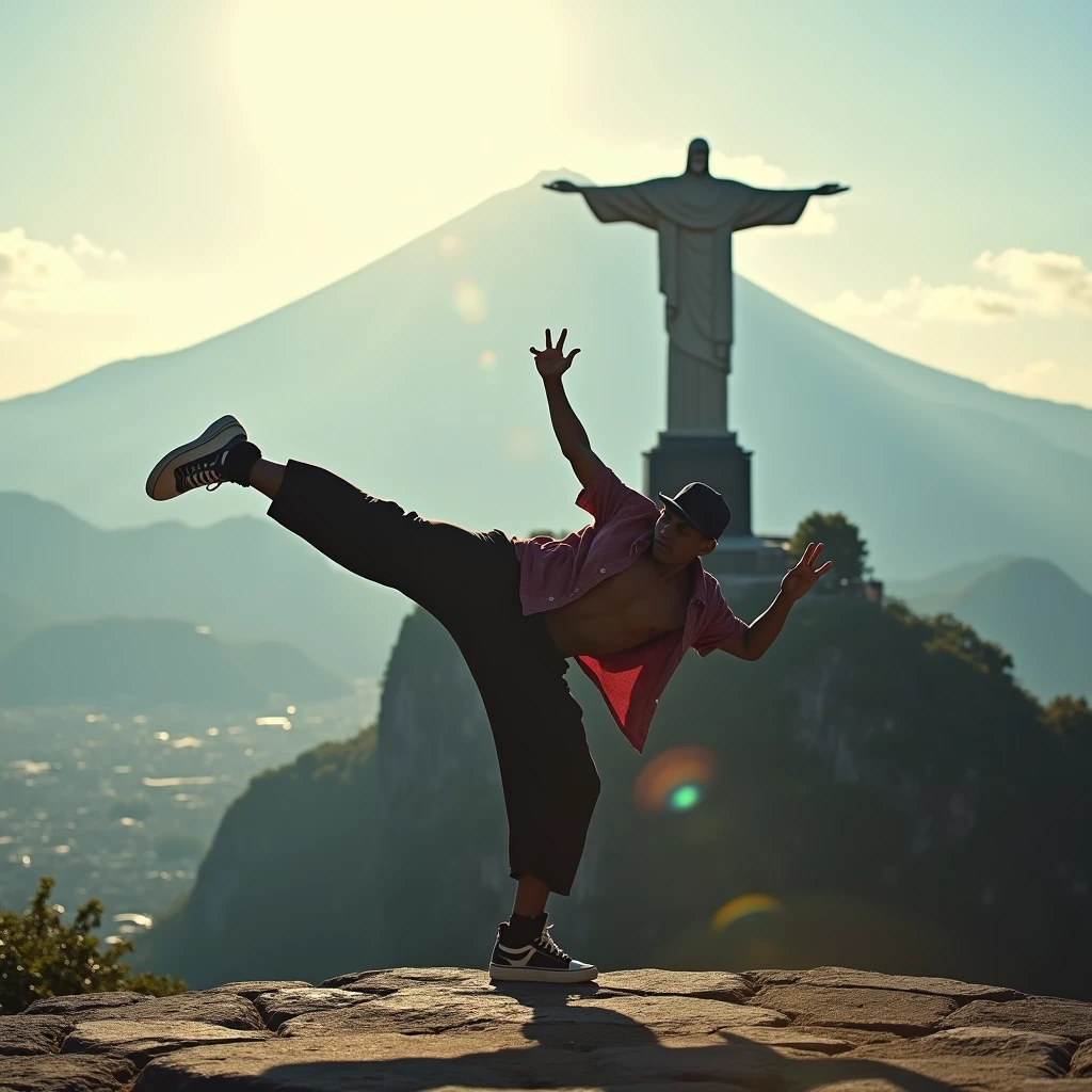 Japanese Bboy dressed in hip hop clothes, performing a breakdance move in front of Christ the Redeemer in Rio de Janeiro , with the volcano in sharp focus and the background blurred, creating a cinematic atmosphere. The bboy's pose should convey strength and dynamism, contrasting with the serenity of the mountain. dramatic lighting, with sun rays hitting the bboy and Mount Fuji, Enhancing the Scene. Visual Style: アニメ, cinematographic, realisitic.