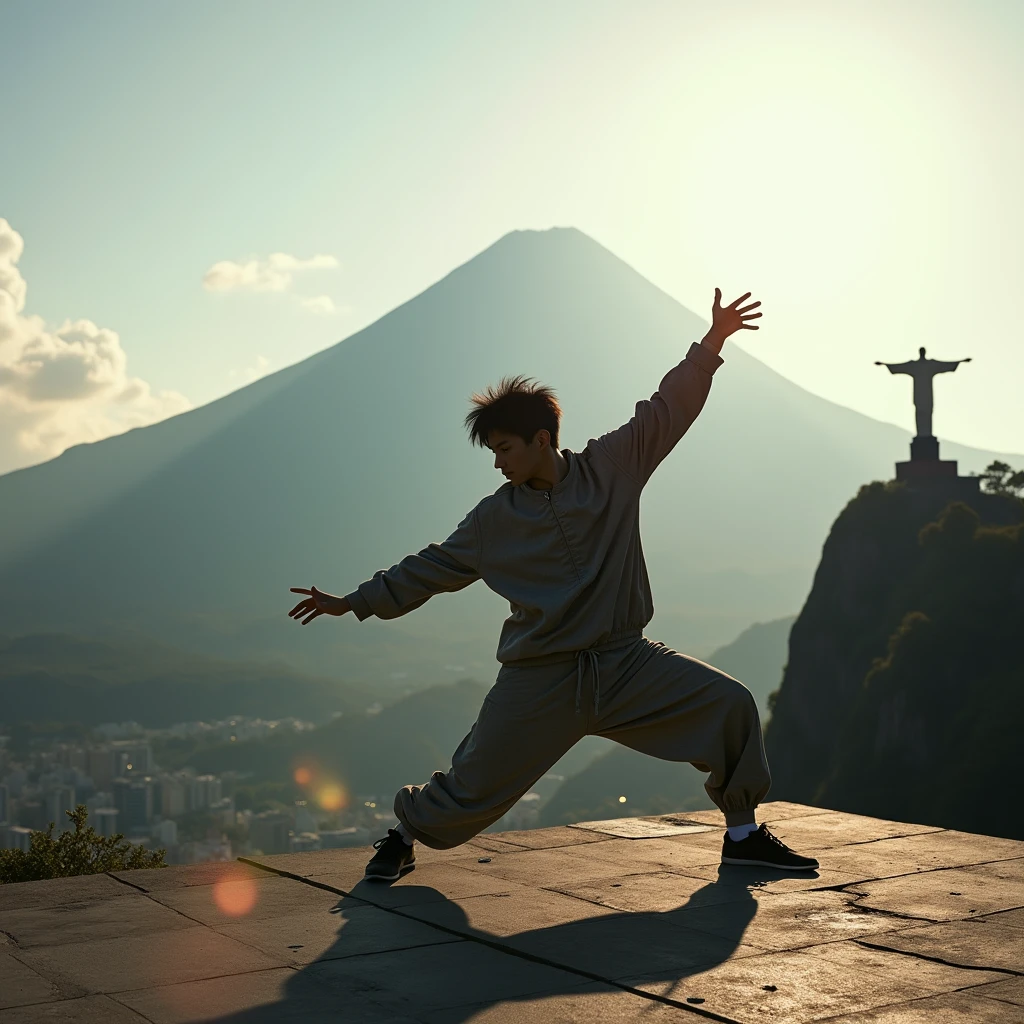 Japanese bboy executing a breakdance freeze in front of Mount Fuji, with the volcano in sharp focus and the background blurred, creating a cinematic atmosphere. The bboy's pose should convey strength and dynamism, contrasting with the serenity of the mountain. dramatic lighting, with sun rays hitting the bboy and Mount Fuji, Enhancing the Scene. Visual Style: アニメ, cinematographic, realisitic.