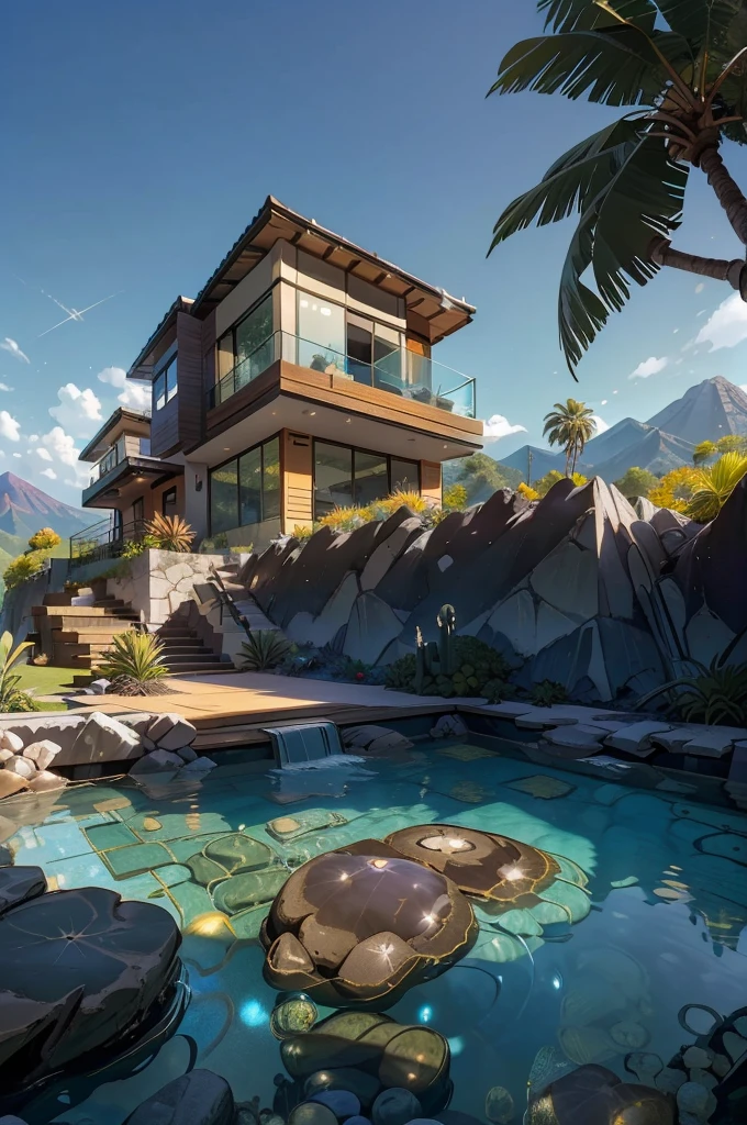 small and beautiful modern house in top of big boulders, terraces, pool, stairs, multiple cacti gardens, palms, trees, rocks, beautiful landscape design, mountains and volcano y background, amazing clouds, sun, moon, planets, milky way galaxy, concrete, wood, glass and steel materials, olive green, violet, orange and withe colors in facade