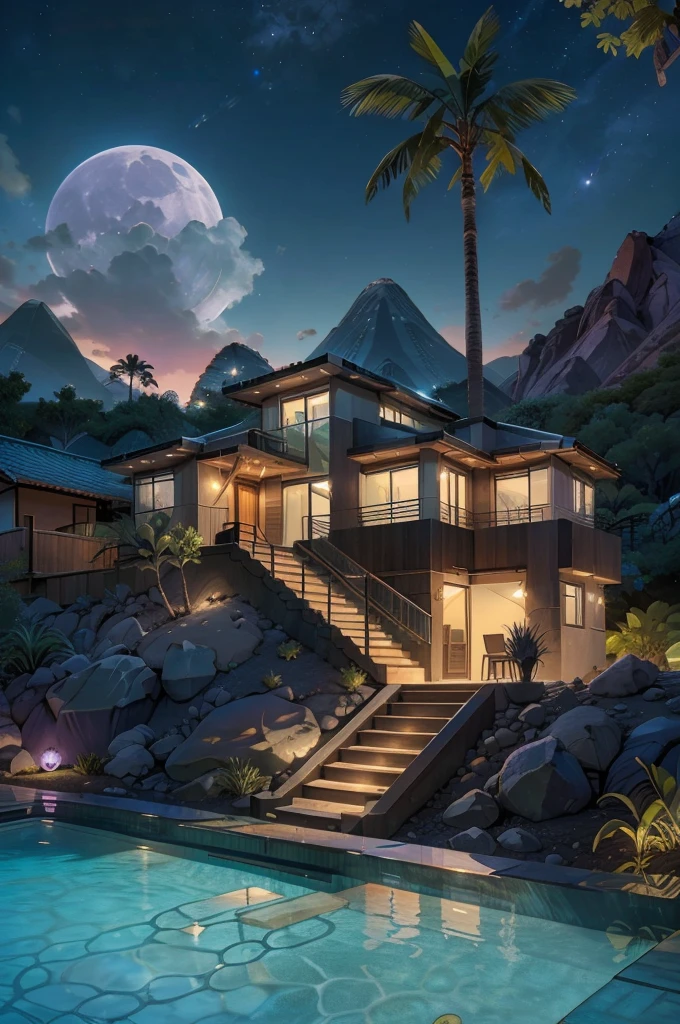 small and beautiful modern house in top of big boulders, terraces, pool, stairs, multiple cacti gardens, palms, trees, rocks, beautiful landscape design, mountains and volcano y background, amazing clouds, sun, moon, planets, milky way galaxy, concrete, wood, glass and steel materials, olive green, violet, orange and withe colors in facade