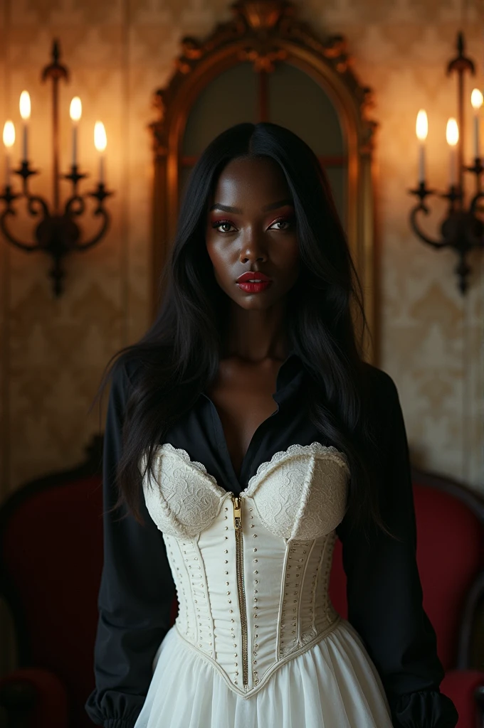Black body and face, with red lips and red eyes, white dress with corset and black shirt 