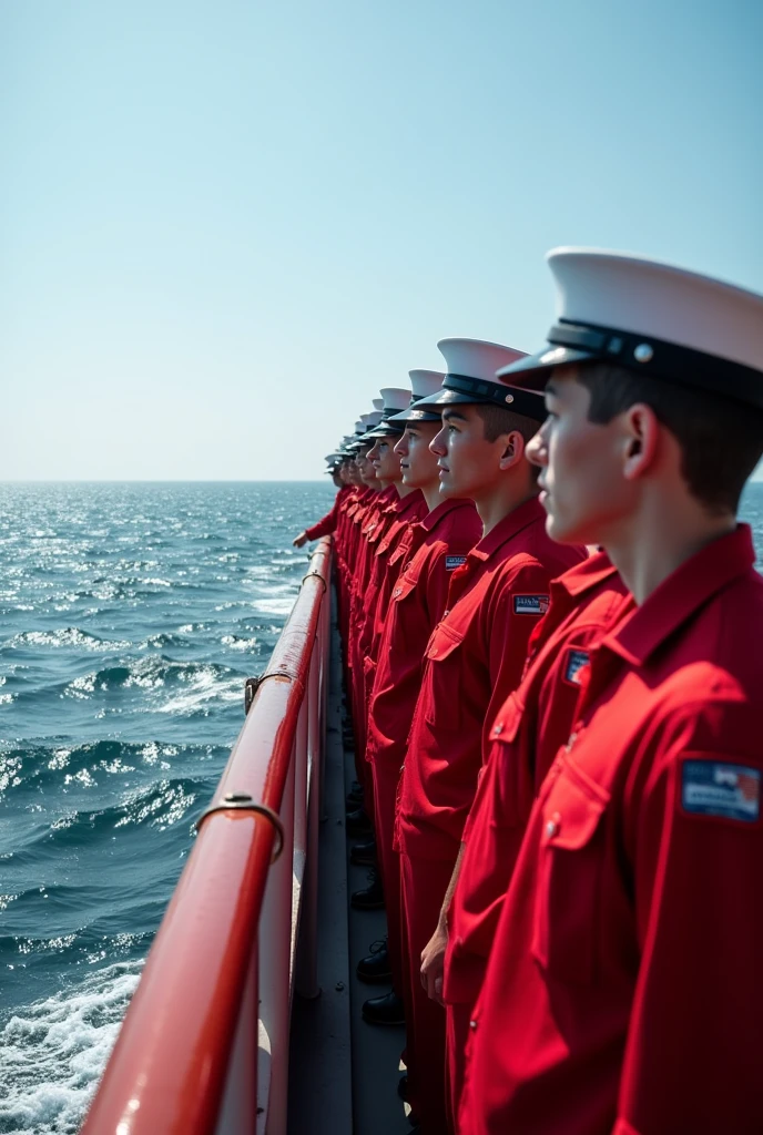 Complete red navy seamen in uniform with the sea in view. lined neatly, side to side, parallel to the ship's railing. Very realistic.
