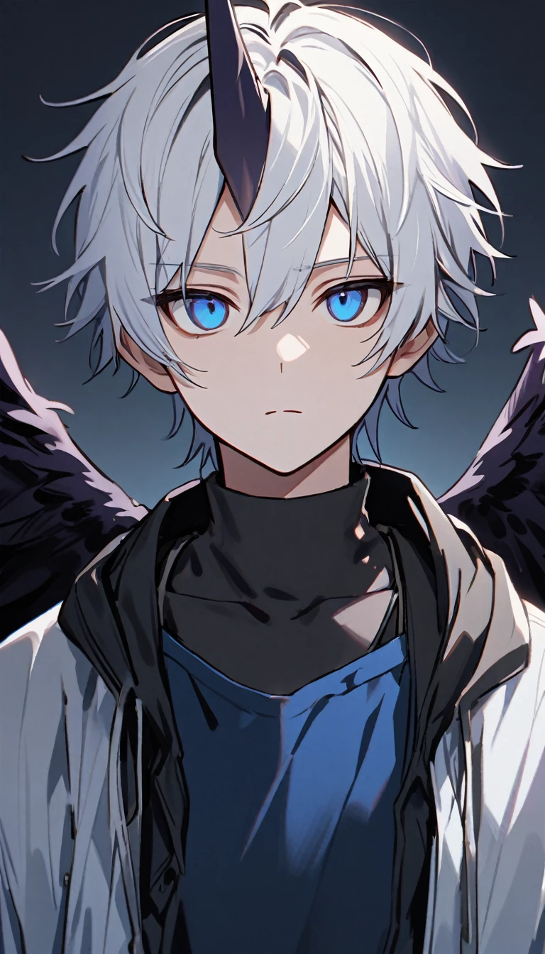 one horn, one dark wing, emotionless, cool, 1 male teenager, white hair, blue eyes, upper body, staring coldly