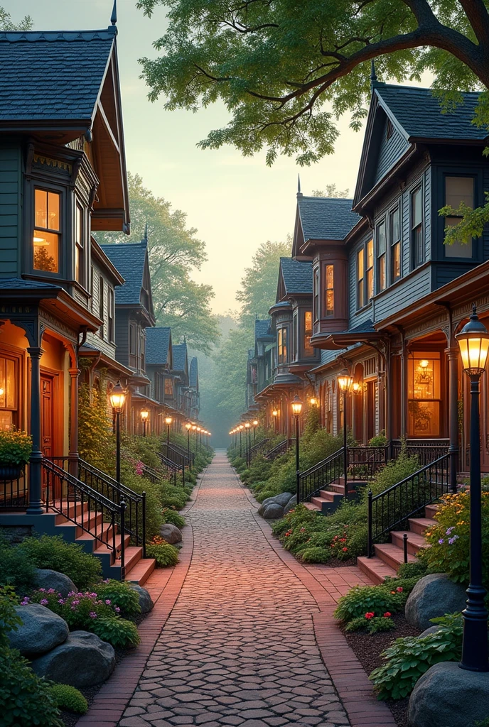 A Victorian-style town with houses made of wood and rock or brick