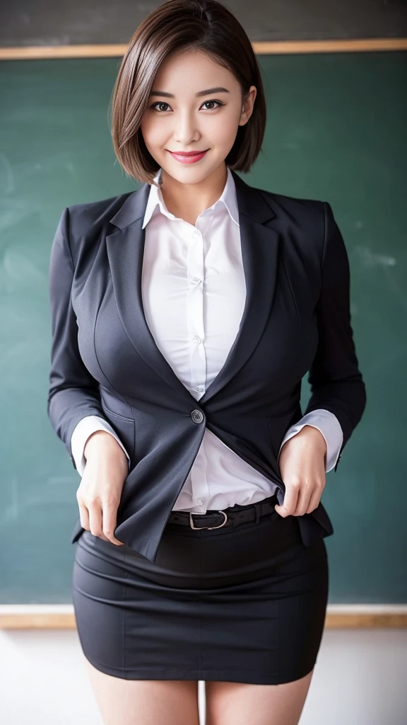 A beautiful female teacher with huge breasts that look like they might spill out of her suit jacket and miniskirt is standing in front of the blackboard in a school classroom, seductively gazing at you with moist eyes, red lipstick, wet hair, wet body, sweat pouring out, short hair, smiling
