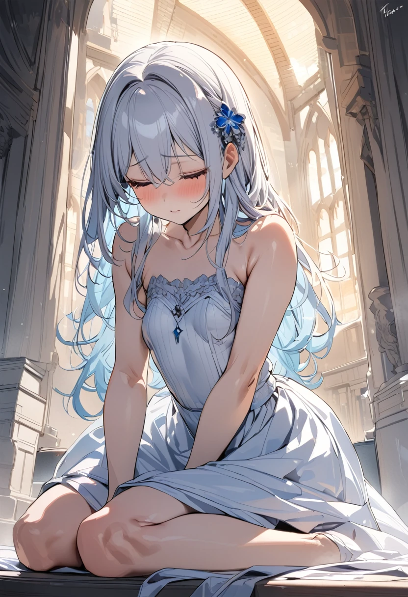 ((Anatomically correct, Super Detail, masterpiece, Highest quality, 8k, The whole body is projected)) , One Woman,Bunny ears:1.5, Flowing white hair, Long Hair, Crescent moon hair ornament, Small breasts, Wear a dress, skirt, フレアskirt, Close your eyes and pray, Look down, Fingers crossed, ((Sit on your knees)), lower one's head, temple, Artistic stone pillars, Beautiful flow of water, Ethereal Anime, Beautiful anime art, Beautiful digital art, Anime fantasy artwork