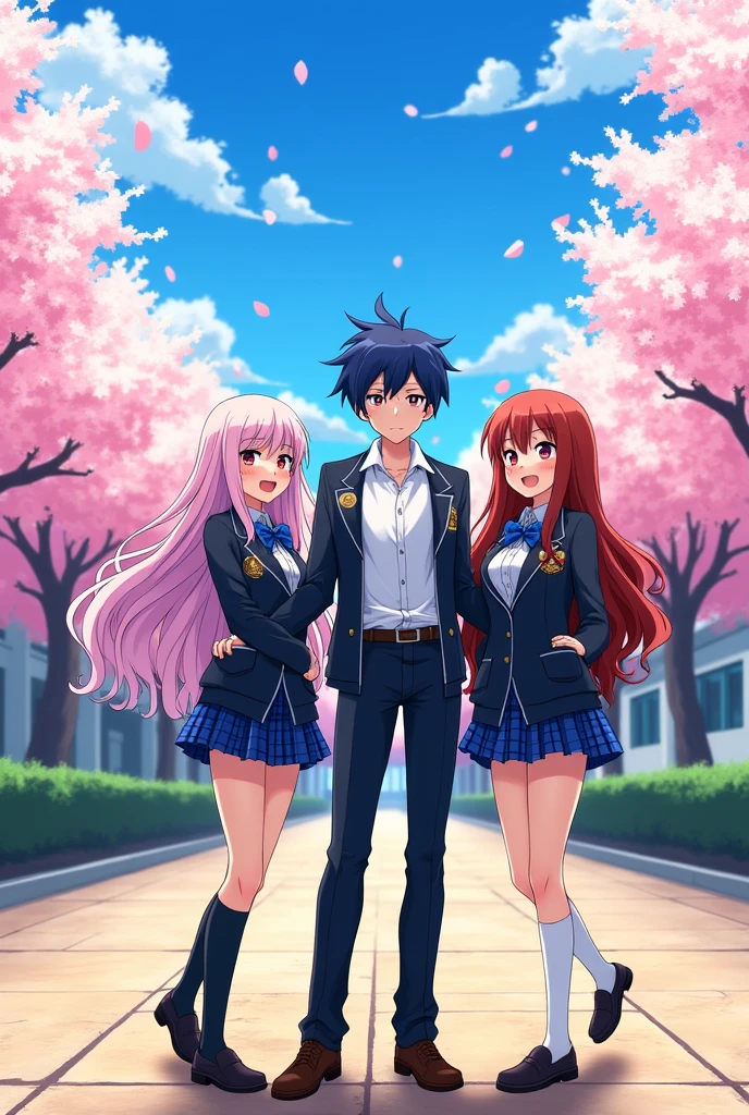 Three girls and a boy wearing anime school uniforms