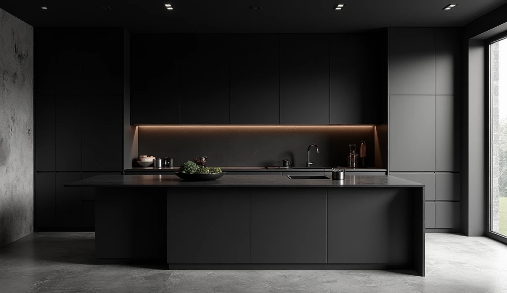 there is a kitchen with a black counter and a black island, dark kitchen, dark and modern, dark kitchen of an art student, dark moody monochrome colors, moody vibe, by Aleksander Kotsis, high quality 3 d render, high quality 3d render, apartment with black walls, photorealistic cinematic render, vray 4k render, dramatic lighting render