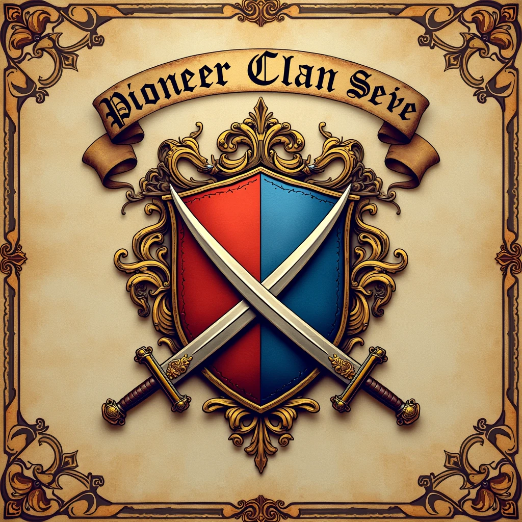 Red and blue coat of arms with swords behind the shield, written in Portuguese "Pioneer Clan Serve"