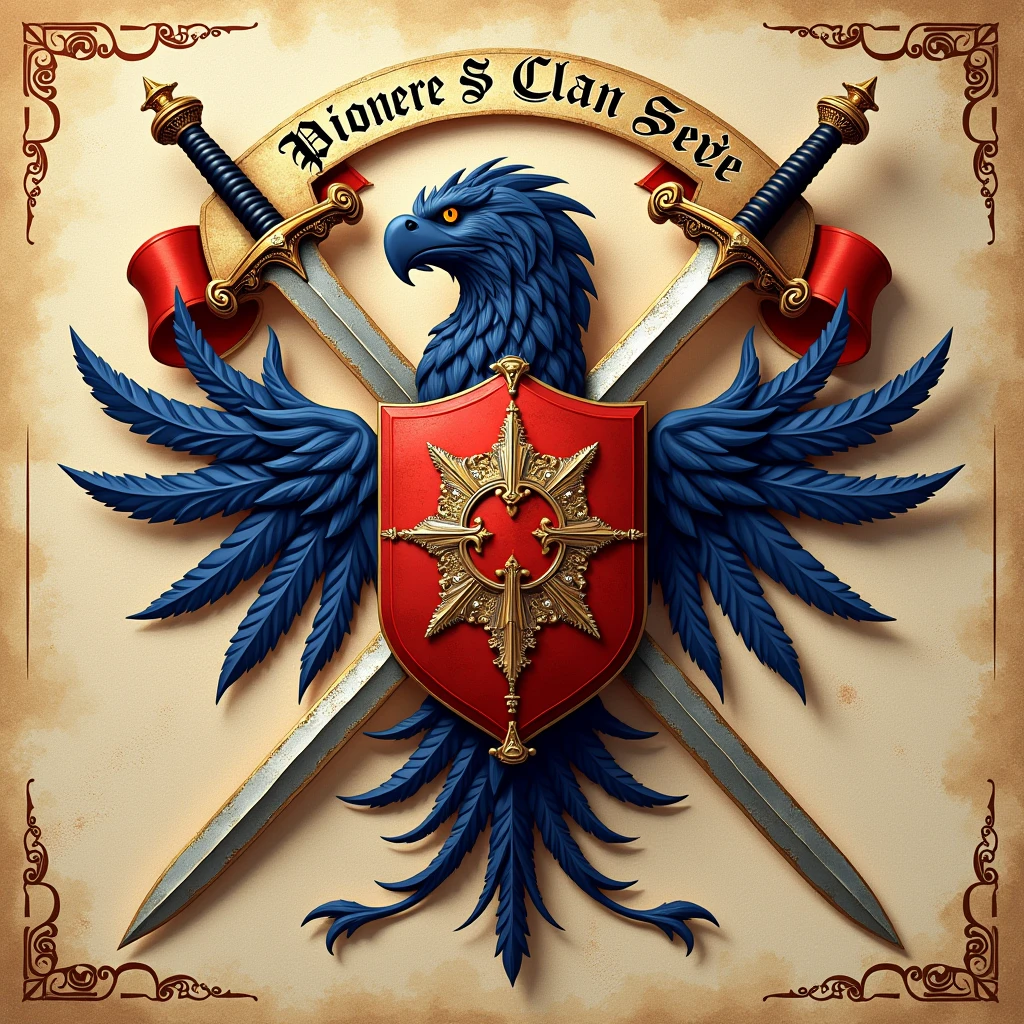 Red and blue coat of arms with swords behind the shield, written in Portuguese "Pioneer Clan Serve"