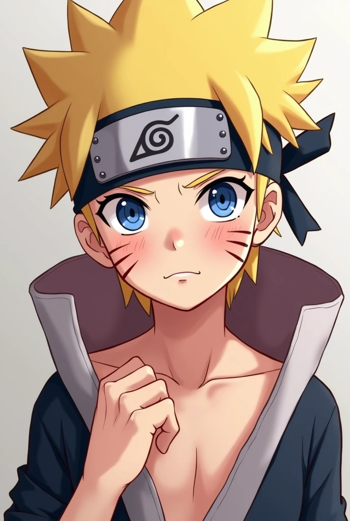 Make a blond boy with spiky hair, blue colored eyes, three scars on the face on both sides, wearing a headband with the Konoha symbol, with a naughty face, Unclothed, masturbating, imageio +18
