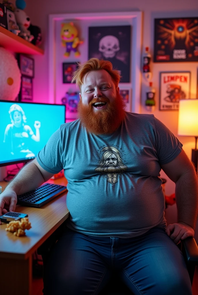 Create a caseoh, a fat, red-haired youtuber with a beard
His belly starts to grow, ripping his clothes