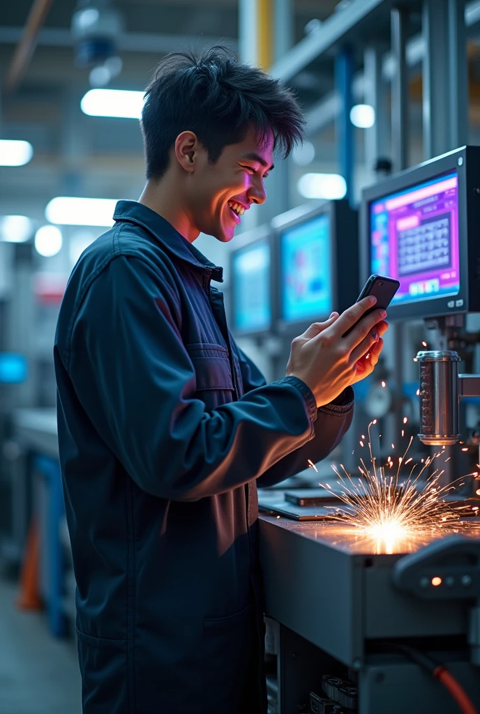 absurd resolution, high resolution, (work of art: 1.4), hiper-detalhe, young man&#39;s short messy black hair, welder dress, answering the phone (1.2), happy expression, high-tech factory bench, screen with sense of technology