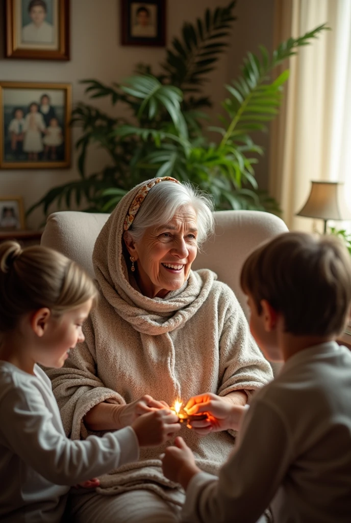 An old lady smoking a wooden cigarette and her children helping her light the cigarette 