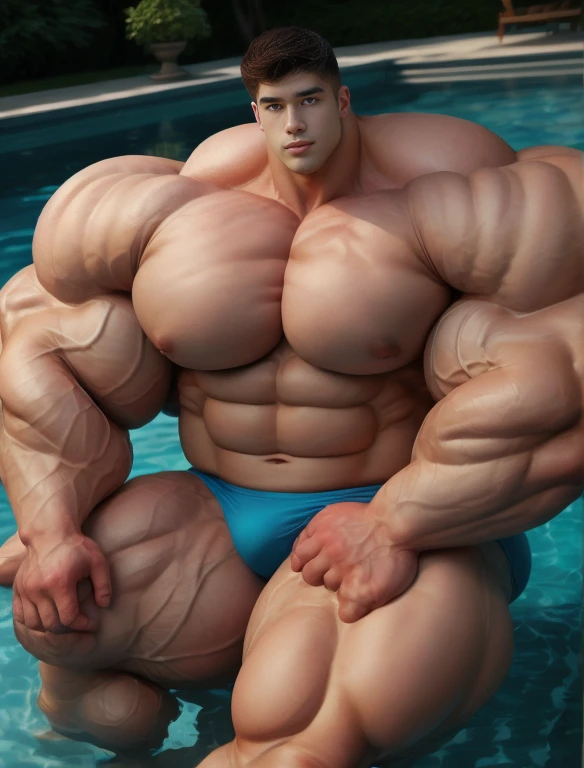 1boy, giant, asian, solo, giant bodybuilder, illuminating light, strong body, bulk, large size, sitting in any backyard pool, outdoor, nude, blue triangular underwear with enormous bulge, extraordinary big, brutalmass, giant muscular body, bulk, buff, massive body, large meaty body size, extremely wide body, tallest body