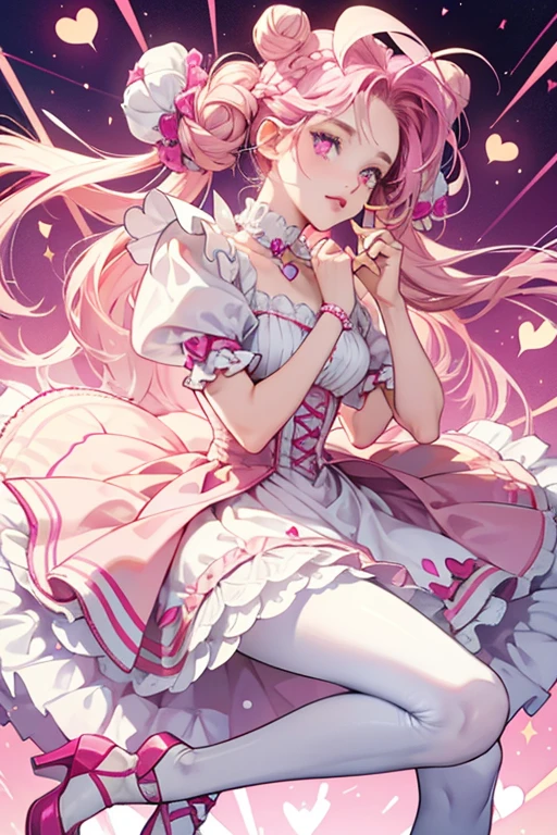 Valentina Hearts has fair skin and pale pink eyes. Her lips are baby pink and her hair is magenta, worn mostly loose with a small flare on the tip, and she has a braid across her head and two buns forming a heart on the top corner and by the right ear. She wears a pale pink dress with a stylized white heart on it that says Love written in magenta and has white sleeves, along with a white bracelet, tights, and shoes with stylized magenta hearts. SPARKLE; GLITTER