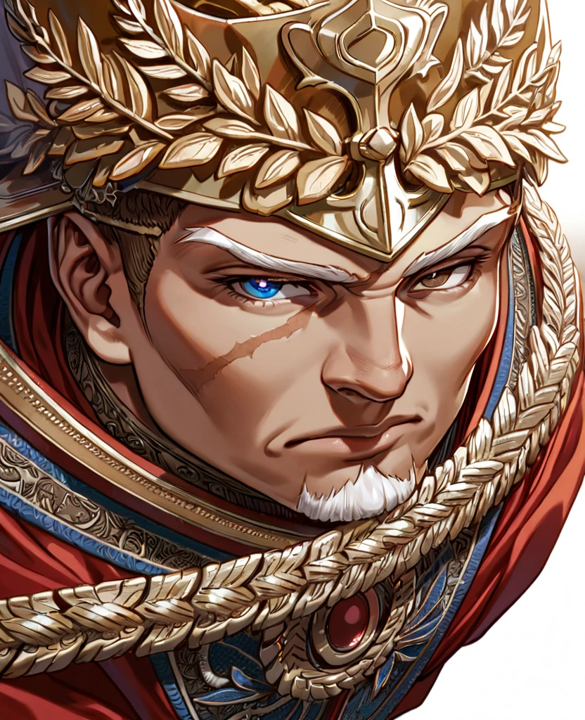 25 year old man, muscular, with a claw scar on the left side of his face, brown left eye, blue right eye, heterocromia, trapezoidal head, Aquiline nose, cleft chin,with short beard, short hair castaño con degradación blanco en las puntas, short hair, wide shoulders, dressed as emperor, golden laurel wreath crown, red cape, tanned skin, standing, White background, High resolution,sharp focus,(ultra detailed,extremely detailed), (extremely detailed), (Best Quality)