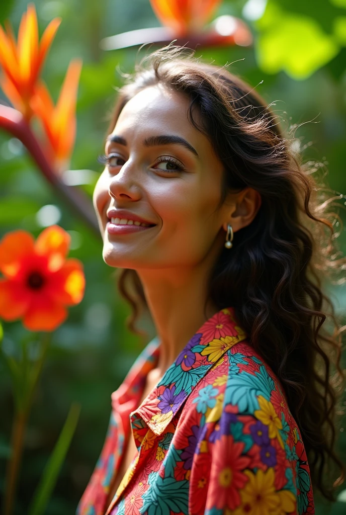 A Brazilian woman in a lush tropical garden, wearing an open shirt with a floral print, with a close-up capturing the harmonious beauty between her breasts and the natural flowers, showing off your natural charm and outgoing personality.