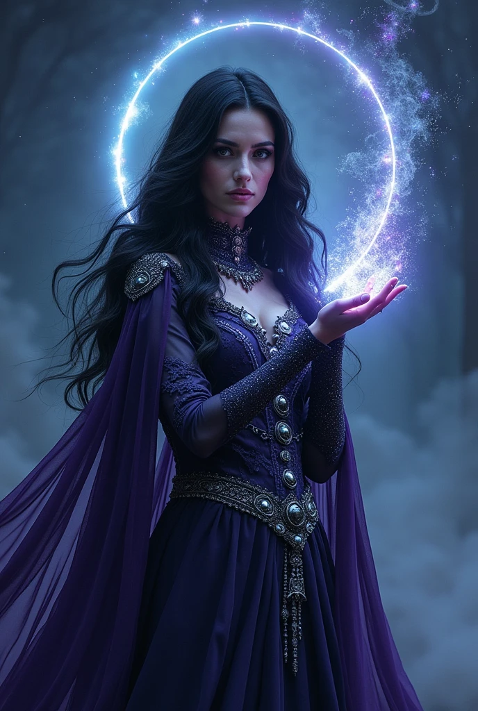 Make a witch woman from the domain of eclipse and death, she possesses divine powers. Her costume has many details, and she has powers coming out of her hands. 