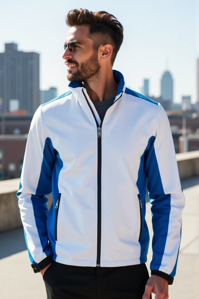 Create a mock neck zip puller man's jacket, base white , side panels blue and down panel, zip binding, sleeve white, sleeve cuff 2 inch black wearing by a man