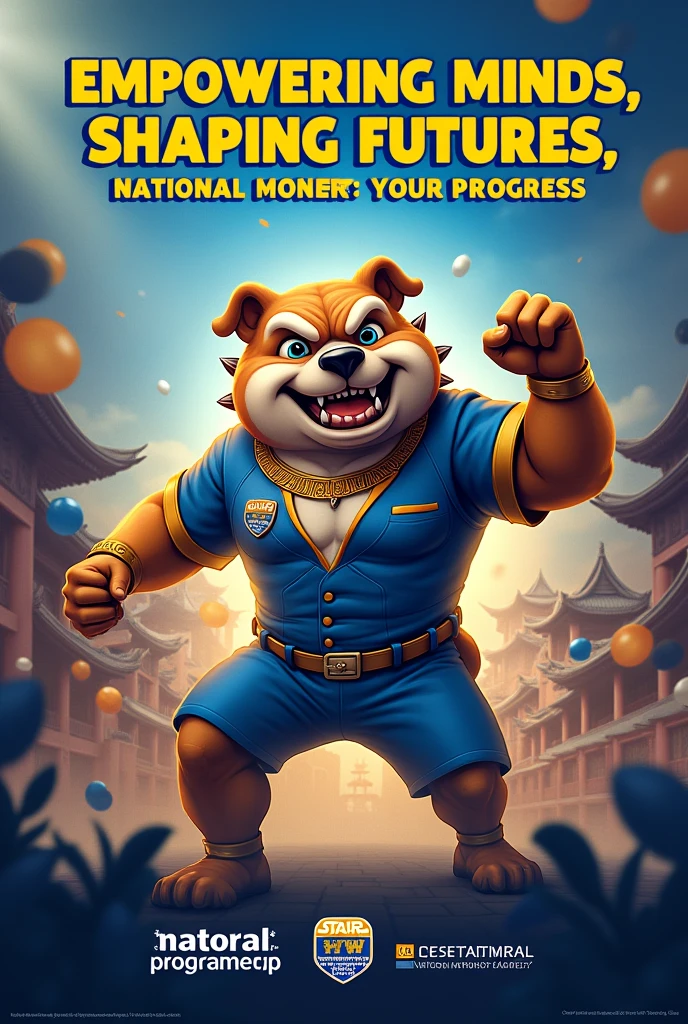 Create a poster slogan with this meaning: "We are National University, a dynamic private institution committed to nation building, recognized internationally in teaching and research. Guided by the core values and characterized by our cultural heritage of Dynamic Filipinism, National University is committed to providing relevant, innovative, and accessible quality education and other development programs." blue and gold main colors, bulldog as a character, creative.