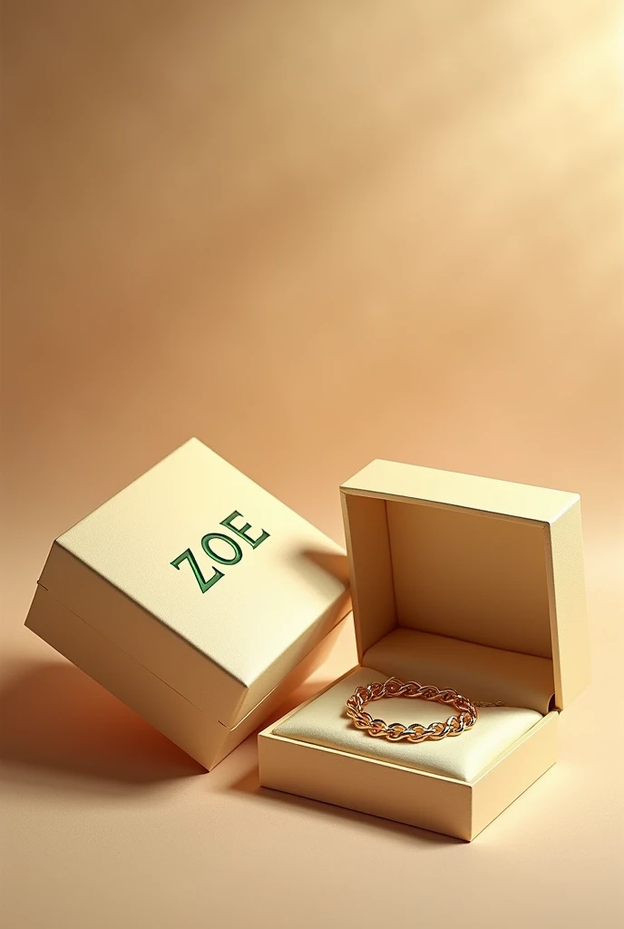 Create jewelry boxes in plain golden pastel color, closed and open with chain inside with the name ZOE with the serif font in metallic green