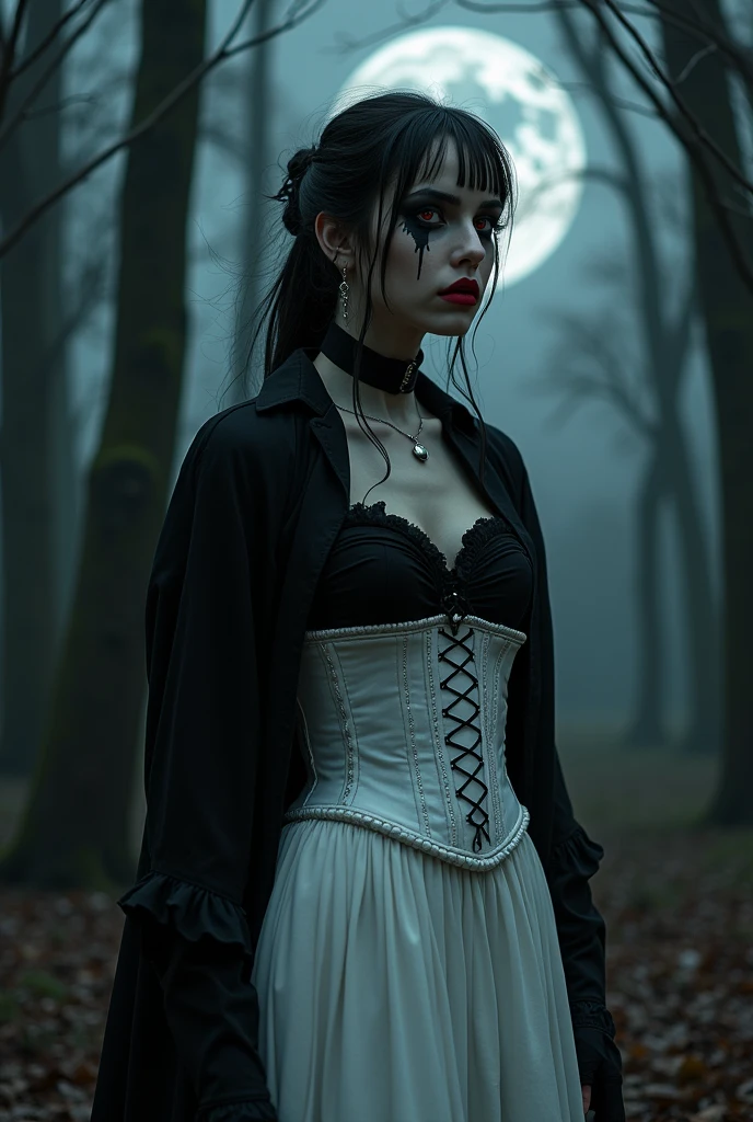 Black paint body and face, with red lips and red eyes, white dress with corset and black shirt 
