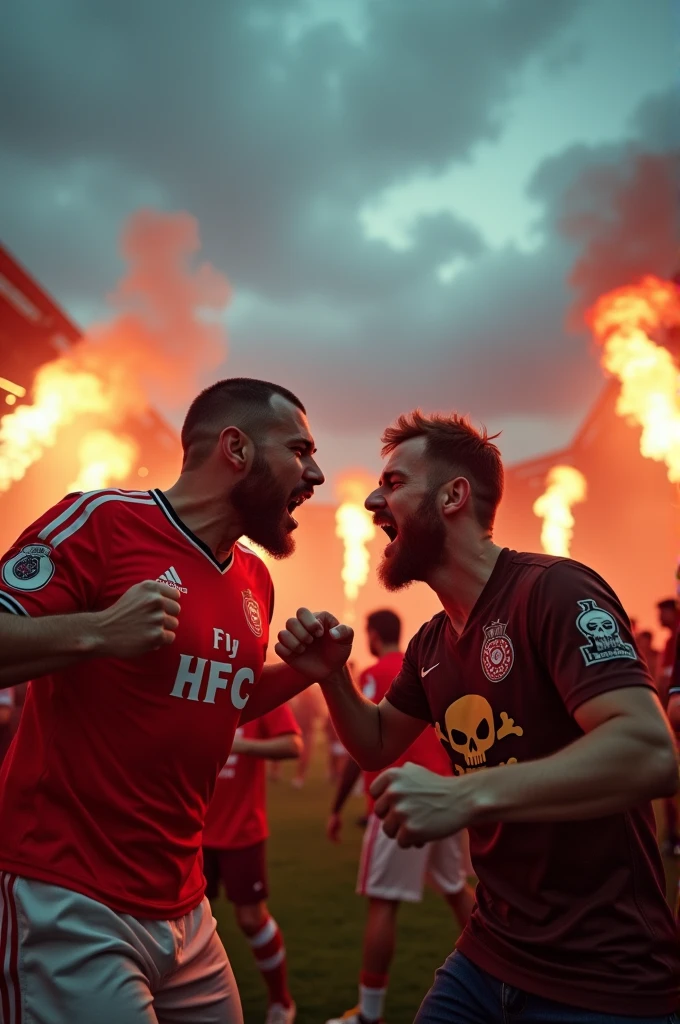 Shouting, loud, HFC fan with bengalo in hand, HFC jersey red-white, against st Pauli jersey brown, HFC fan with balaclava, anger, hate, beating, st Pauli crest skull with crossed bones, 4k, fists flying, in front of the stadium,