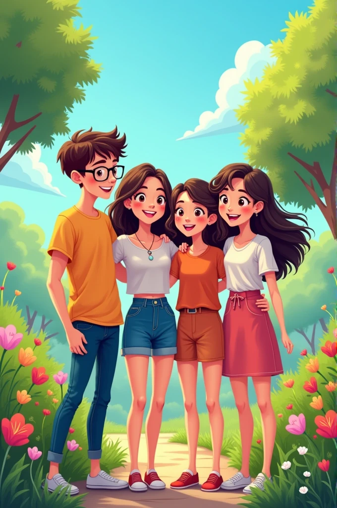 I want a Cartoon style image of friends, 2 boys and 2 girls
Features boys:
One should have wavy hair, ROUND BLACK GLASSES, 1,75 tall, offwhite, skinny
The other should have square glasses, 1,80 tall, offwhite, light brown eyes
Features girls:
One should have wavy hair in medium size dark brown highlighted, the girl is white and has 1,70 tall, oval face and very beautiful
The other has wavy dark brown hair, brown in color, 1,60 tall, round face and pretty