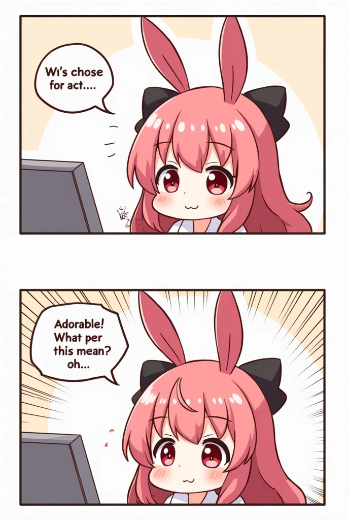 (2comic panels,dot halftone, flat color,), quality\(masterpiece, best quality,8k,wallpaper of extremely detailed CG unit,hight resolution,top-quality,top-quality real texture skin,hyper realisitic,increase the resolution,RAW photos,best qualtiy,highly detailed,the wallpaper\), 1girl\(2.5D,cute,kawaii,small ???,pink hair:1.4,(long hair),(rabbit ear),nude ,red eyes,big eyes,beautiful shining eyes,skin color white,big black hairbow,watching internet,(smiling and says "Adorable! What does this mean? oh..." with face blushed:1.3)\)