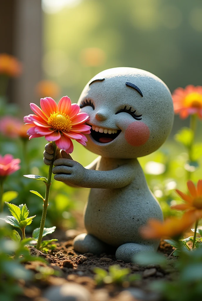 A stone friend is taking a selfie hugging a flower