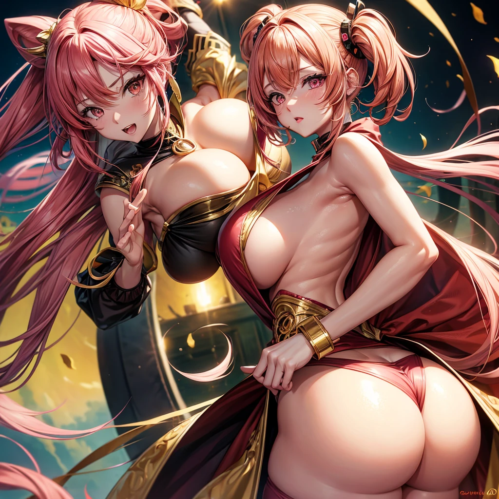 Anime style of a Girl with left eye Golden and right eye red, pink hair, Big boobs, Big ass, caucasian skin, gotich clothes