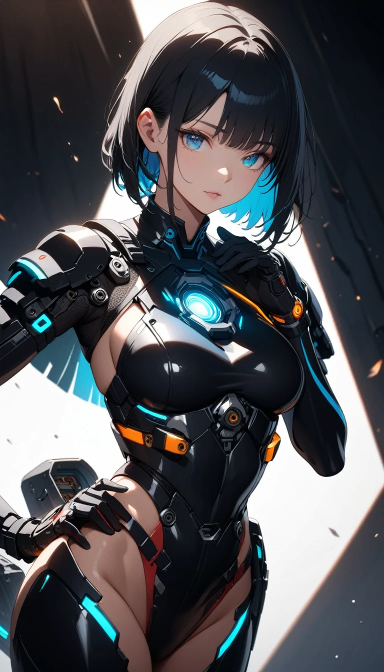 (Cyborg ninja girl), beautiful face, Mechanized left eye lens, Most of the body is mechanized, Some machine parts are visible, traditional ninja costume, (finely detailed beautiful eyes: 1.2), shaggy short hair, 
((best quality: 1.2, very detailed, ultra-high resolution, absurdres: 1.3, highres: 1.3, masterpiece: 1.2, top quality, best aesthetic, fine texture, perfect lighting: 1.2, best shadow, sharp focus: 1.3, high contrast, high color saturation)), (anatomically correct, perfect hands: 1.2), (professional photography:1.2), cowboy shot, cinematic lighting, anime style, Dynamic composition, cyborg style, 