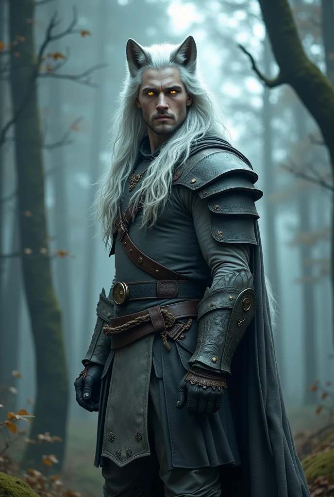 a human with wolf-like features, warrior with silver hair and golden eyes