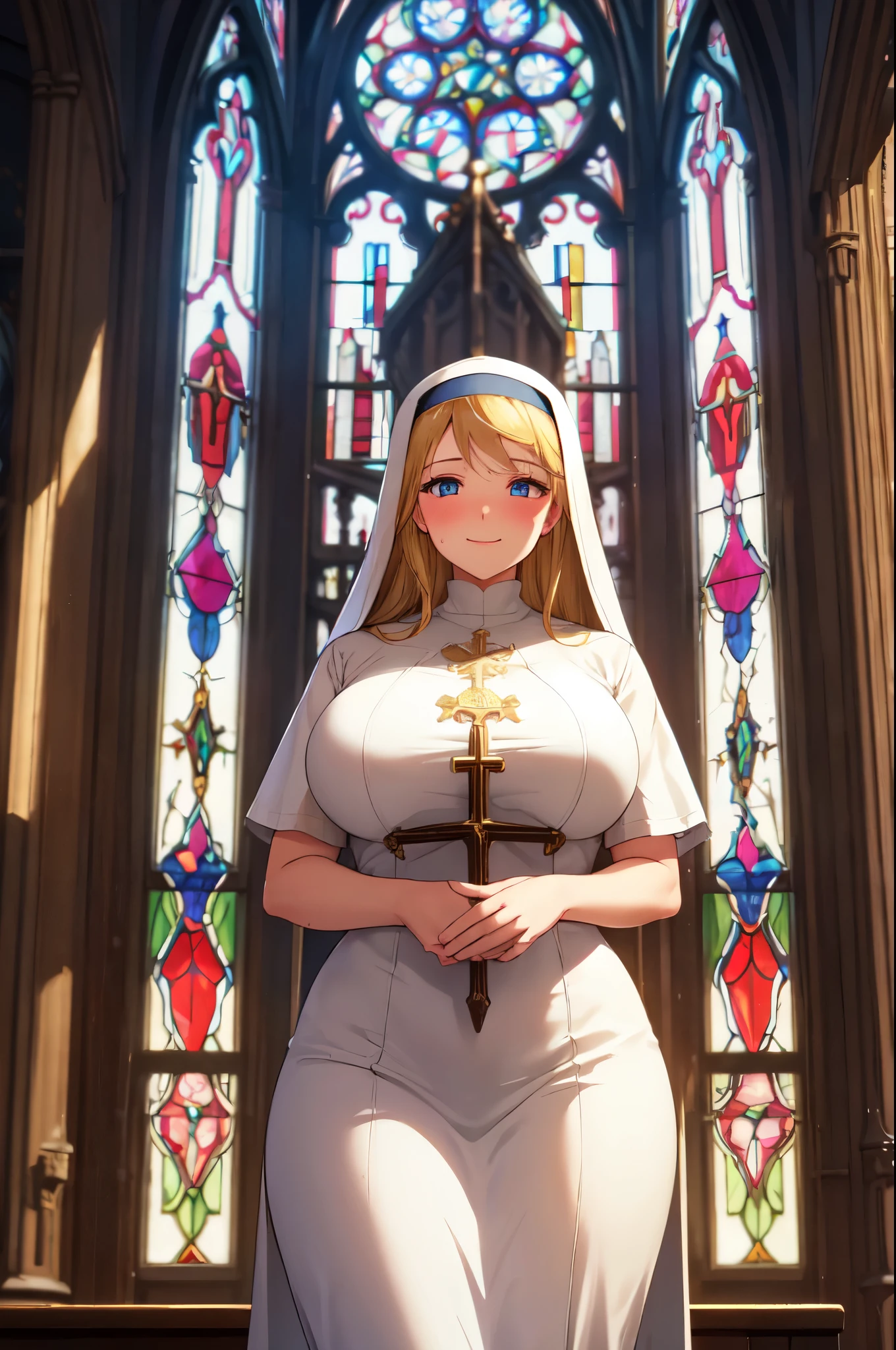 (High quality, High resolution, Fine details), church, stained glass window, ornate cathedral interior, nun, solo, curvy adult women, blonde hair, sparkling eyes, (Detailed eyes:1.2), smile, blush, Sweat, Oily skin, Soft tones, shallow depth of field