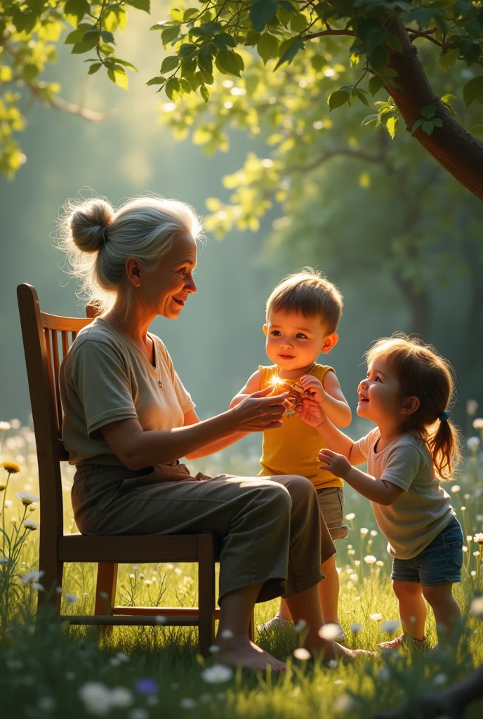 An old lady smoking a wooden cigarette and her children helping her light the cigarette 