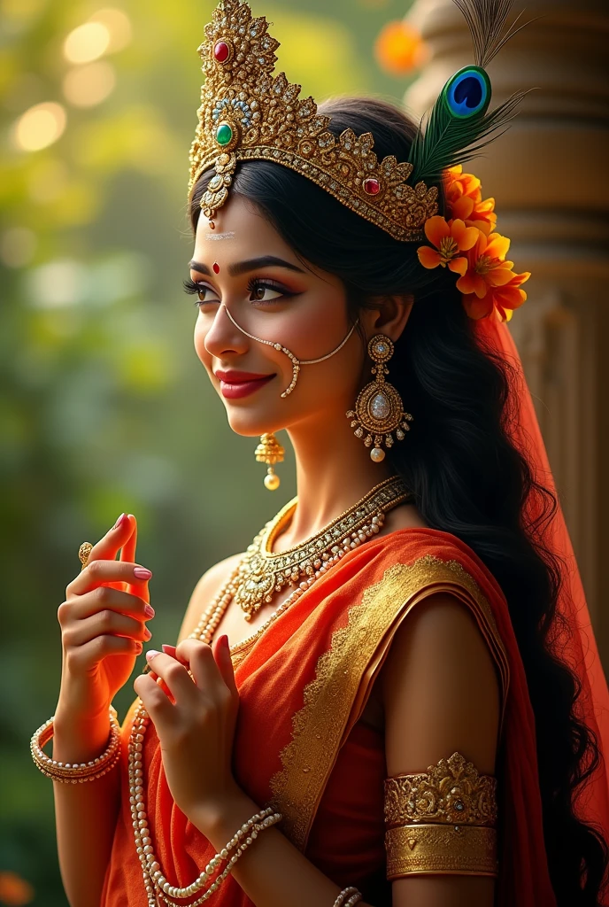 very beautiful Indian goddess realistic face Radha Indian traditional attire. There is a crown on his head. She is wearing a string of pearls around her neck. He has a gajra in his hair. There is a ring on his finger. There is a beautiful white tilak on the forehead. She is wearing a nose ring or a big earring. She has a bracelet in her hand. She has a long beard. She has a peacock feather on her head.
