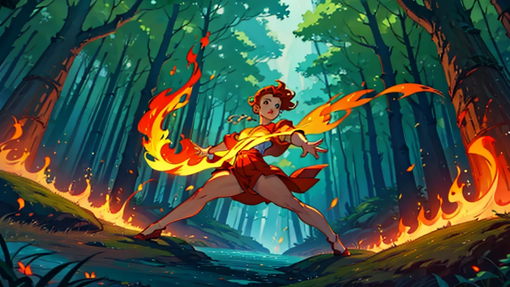  flame dancing in the middle of a colorful forest