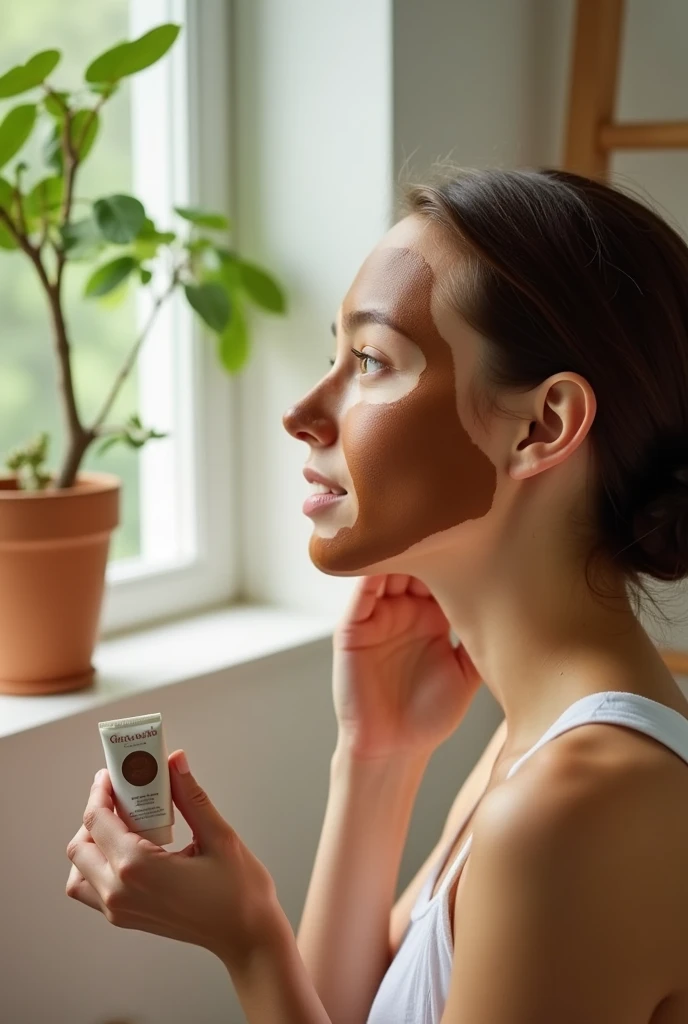 Image showing a young lady applying a coffee-based face mask.
You can see that the young lady is holding the tube bottle containing the coffee-based exfoliating cream and at the same time is applying the exfoliant to her face..
The young lady's face should be covered with the coffee-based exfoliating cream.