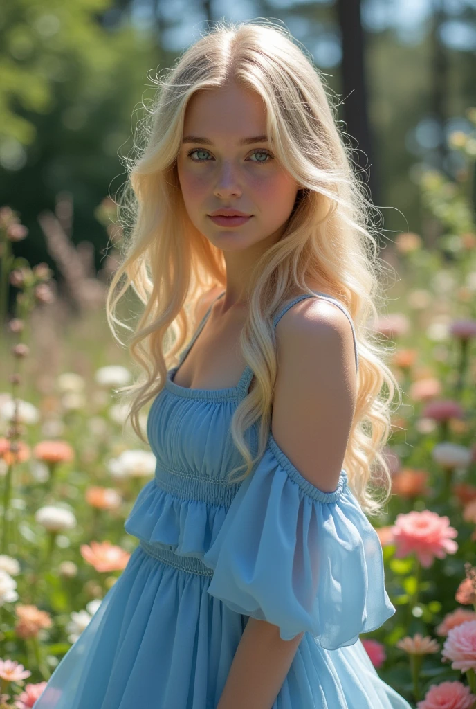 A woman between 17-19 years old who has traits similar to Elle Fanning having blonde hair and blue eyes and who wears a blue dress