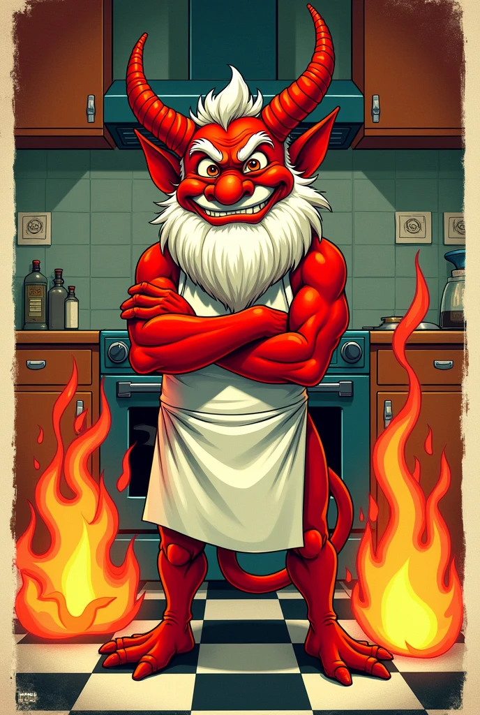 Illustration of a vintage tarot card with few colors inside, featuring a red devil dressed as a chef with horns and a white beard, arms crossed, surrounded by fire, with a knowing and arrogant look, a friendly smile, in a very 90s comic-style kitchen. 