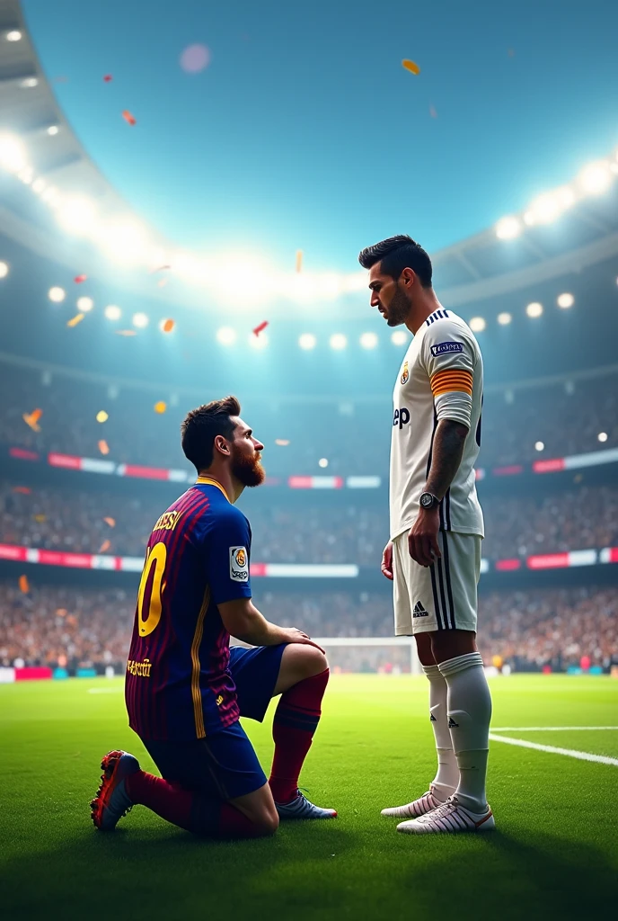 Messi kneeling in front of Cristiano Ronaldo 