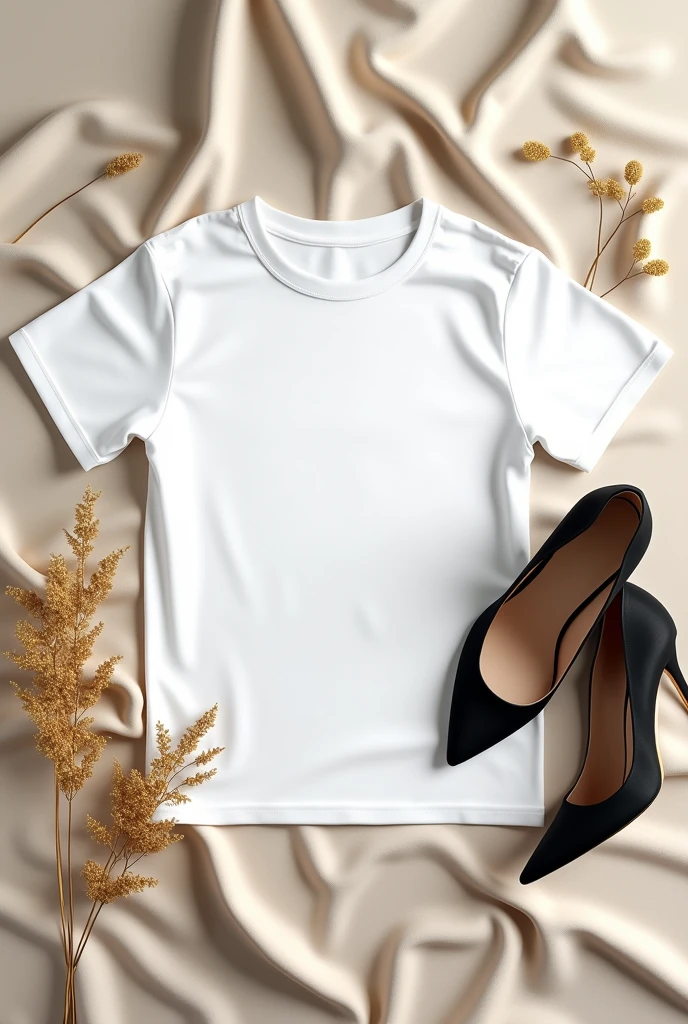 

White cotton t-shirt mockup with black pointed high heels women's shoes and golden plants. T-shirt design mockup, t-shirt print presentation mockup