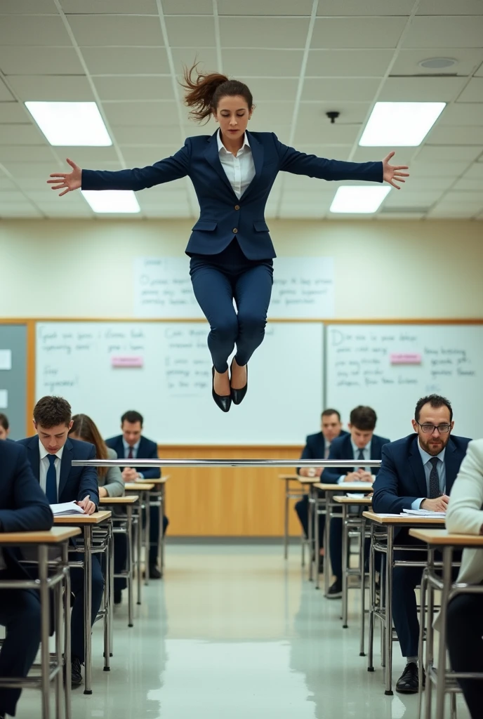 Real estate agent taking a test with a pole using the Fosbury Flop technique