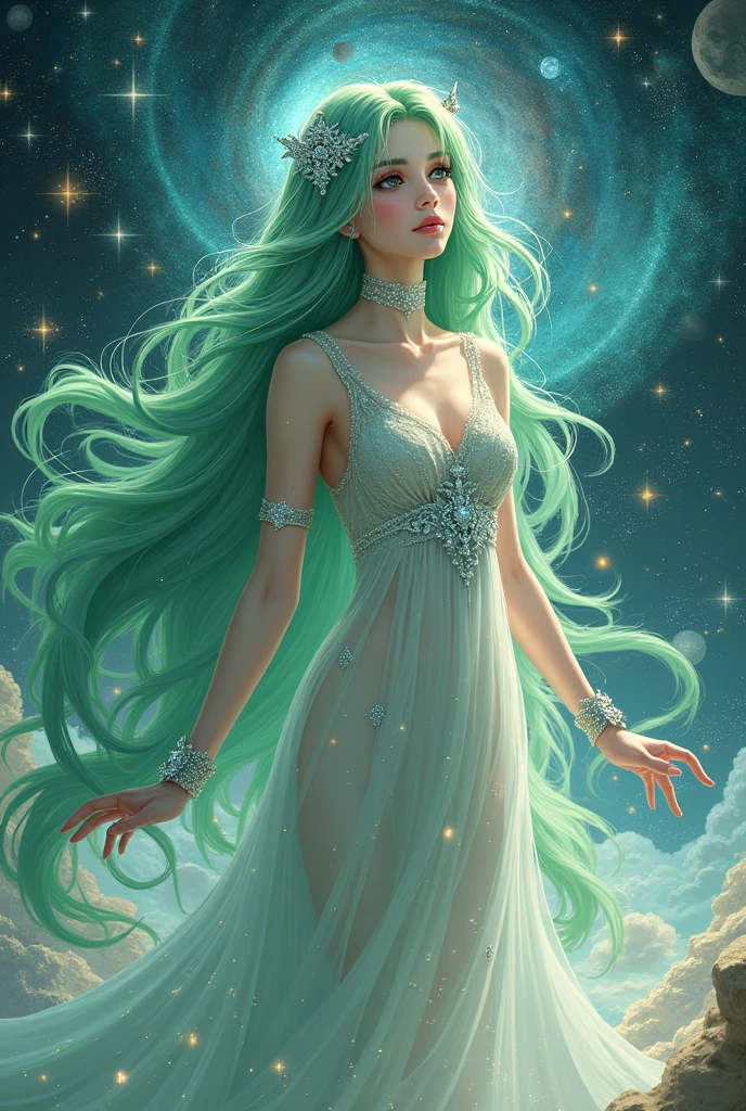 A Celestial Lobanil Goddess woman in anime with long green and beautiful hair, white skin and dark eyes